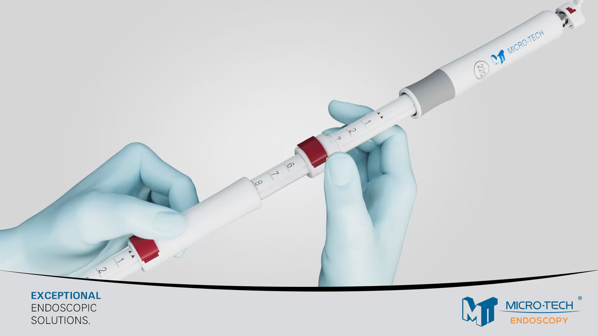 Micro-Tech Endoscopy medical device animation featuring a medical instrument held by gloved hands